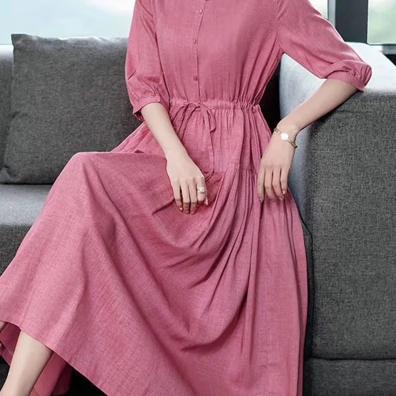 Summer New Chic Solid Color Cotton Dress Women Elegant Fashion Vestidos De Fiesta Long Sleeve Robe Femme O Neck Women\'s Clothing