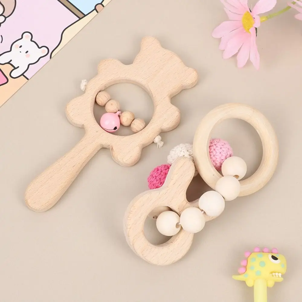 Cute Cartoon Bear Wooden Baby Rattle Toy Anti-lost Adjustable Handbell Rattle Toy Food Grade Silicone Wooden Rings Toy Toddler