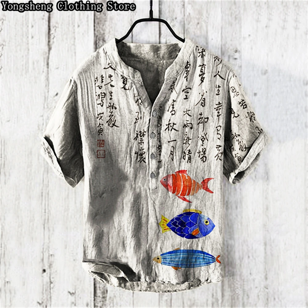 Summer Men's Short Sleeve POLO Shirt Linen Printed Shirt Original Clothing 2024 Popular Whale Print Casual Large Size Clothing