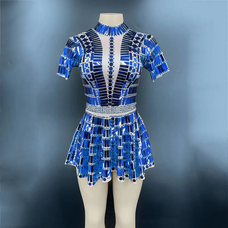 2025 Nightclub Bar Female Singer DJ Shiny Mirror Costume Short Sleeves Dress Gogo Dance Costume Rave Party Gold Stage Outfit yj
