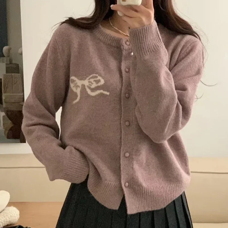 Cardigan Korea Chic Bow Embroidery Knitted Cardigans Fashion Single Breasted O-neck Sweater Knitwear Coat  2024 Spring Autumn