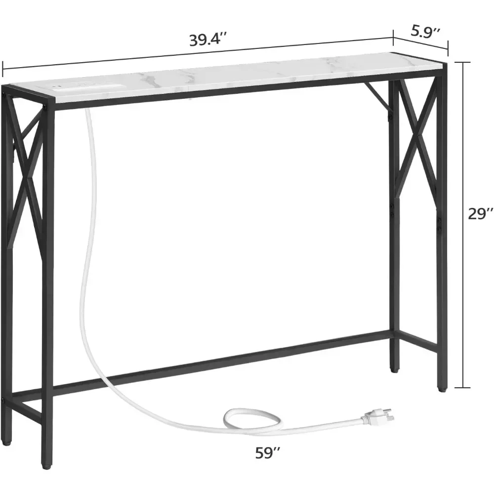 Sofa Table with Charging Station, 39.4” Console Table, Narrow Entryway Table, Slim Hallway Table, Retro Couch Table