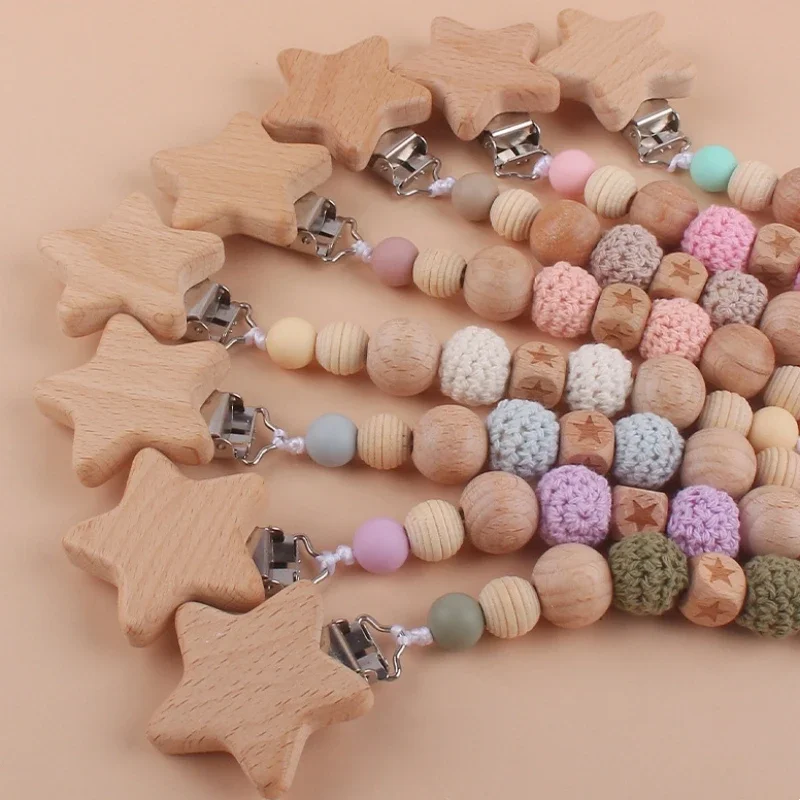 Wood Chew Silicone Bead Pacifier Clips Bracket Dummy Chain Holder Newborn Soother Chains Nipple Holder Baby Teething Toys Gifts