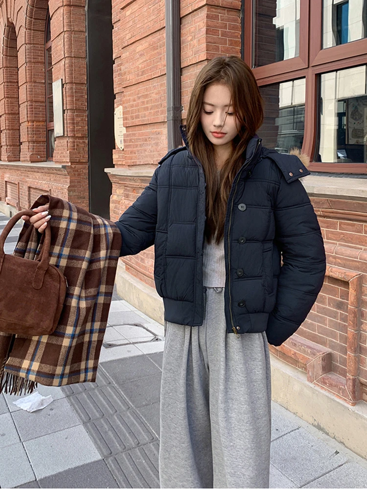 

Женская зимняя утепленная куртка-пуховик в корейском стиле, универсальная, приталенная, теплая, хлопковая, маленького размера, с большим меховым воротником