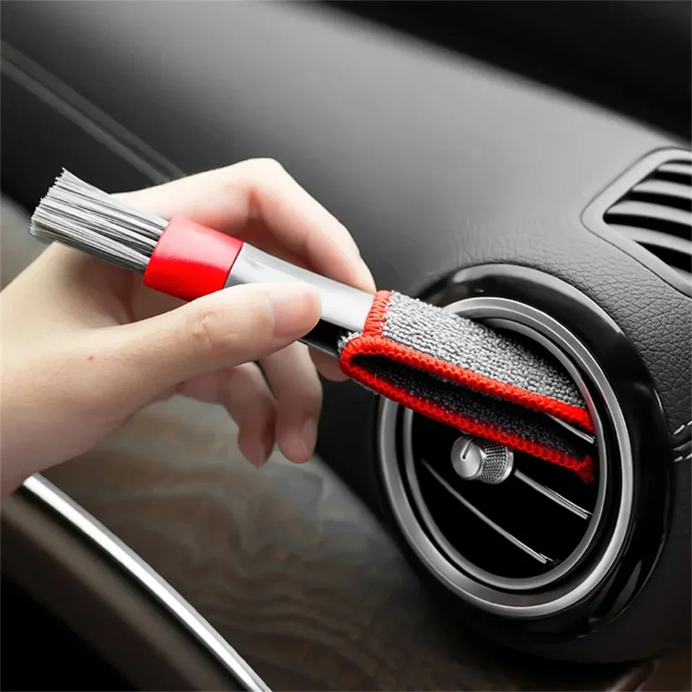 2-in-1 Car Detailing Brush with Detachable Microfiber Cloth for Auto Air Vent Dashboard Console Gap Dust Removal Cleaning Tool