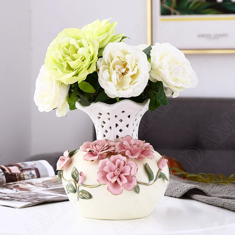 Nordic Ceramic Vases Relief Craft Office Plant Pots Rose Flower Decorative Meeting Room Dried Flowers Organizer Home Decoration