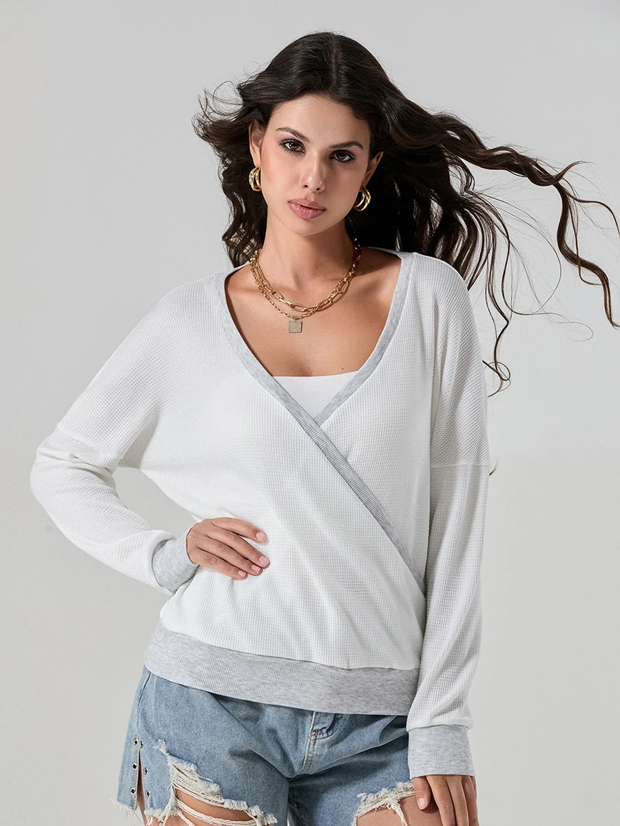 Women Loose Knit Tops Long Sleeves Creativity Wrap V-Neck Drop Shoulder Fashion Contrast Color Fall Simple Elegant Casual Shirt