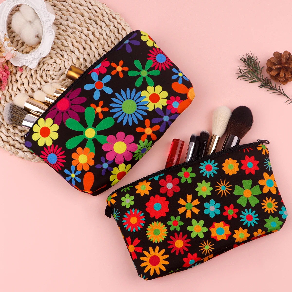 Flower Series Zipper Makeup Bag Women Portable Travel Storage Pouch Travel Lipstick Bag Makeup Case Bag Cosmetic Brush Bags