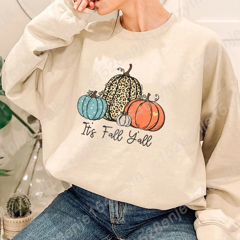 Leopard Pumpkin It's Fall Y'all Print Women Pullovers Autumn Winter Fashion Long Sleeve Sweatshirt Plus Size Hoodless Sweatshirt