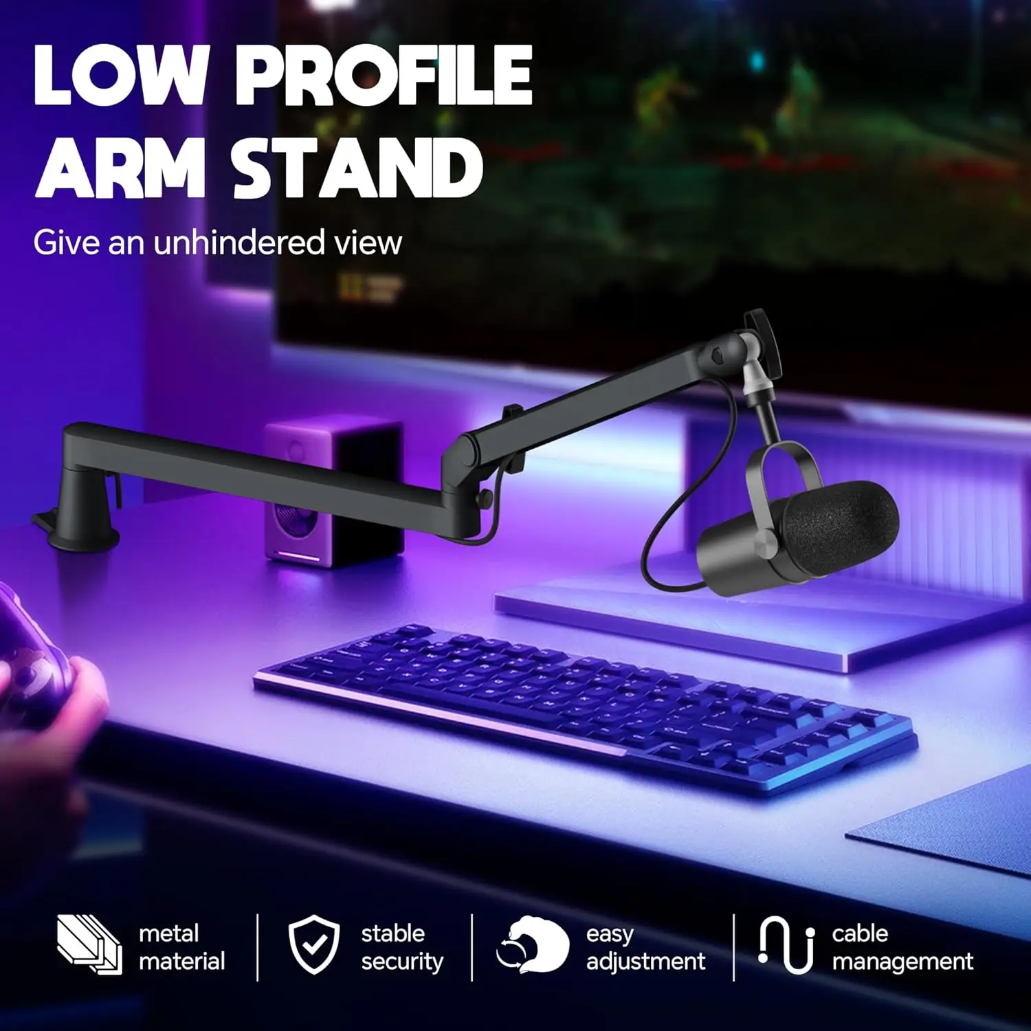 Professional Studio Low Profile Mic Arm with Extended Riser Cable Management Adjustable Microphone Stand for SM7B MV7 AM8 K688