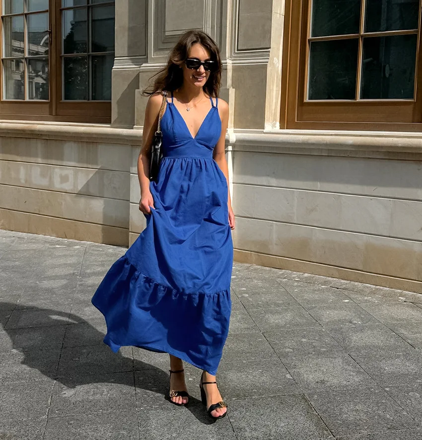 

European American Style Women Sexy Blue V Neck Slip Dress Casual Cotton Linen Long Dress