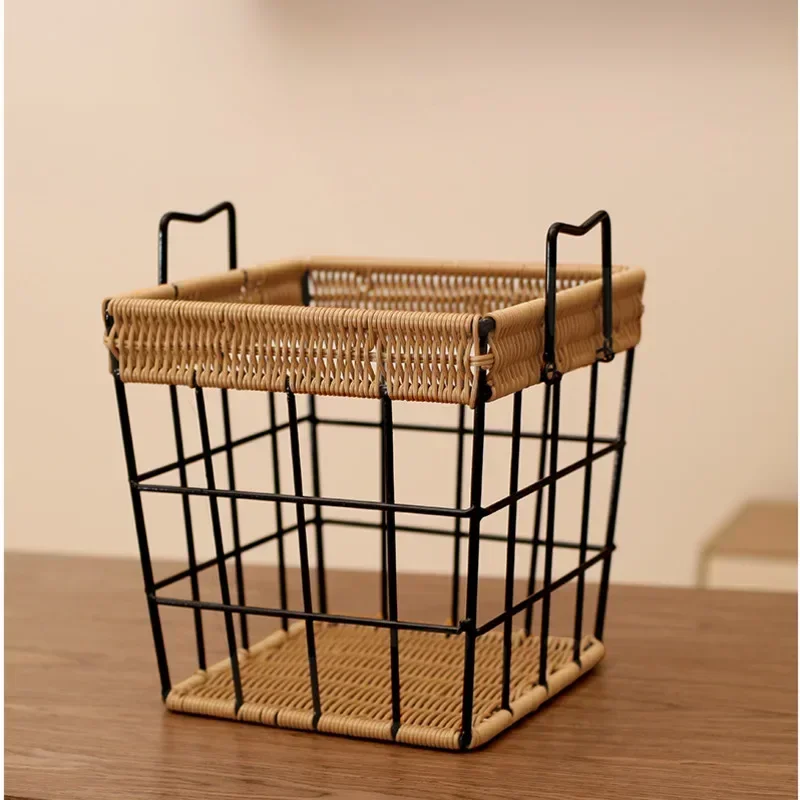 

Vintage Black Storage Basket Imitation Vine Weaving Bread Basket 2 Sided Handle Organizer Box Versatile Practical Kitchen Items