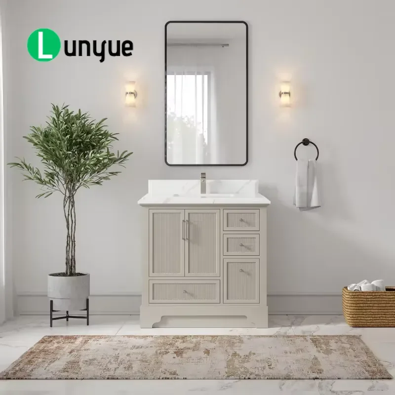 Modern Minimalist Floor Mount Bathroom Vanity Cabinet 36 Inch Birch Plywood Sink Combo Durable Wood Construction for Home