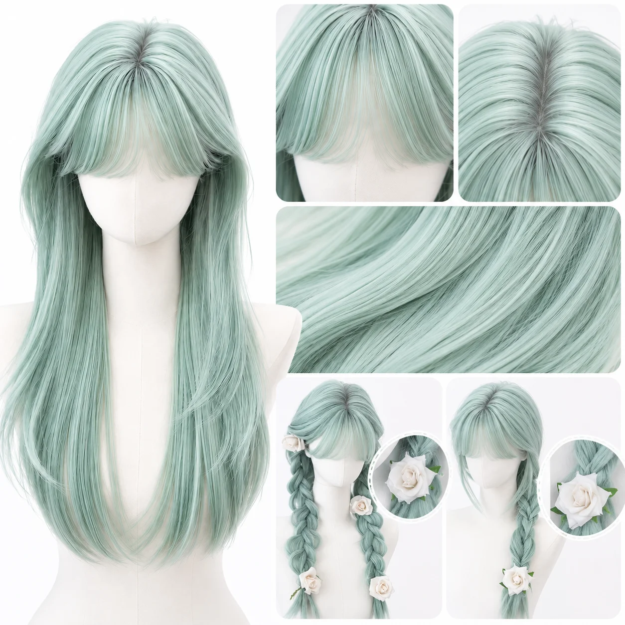 Summer Light Green Wig for Women JK Sweet Style Natural Long Synthetic Hair Full Wig Realistic Daily Party Cosplay