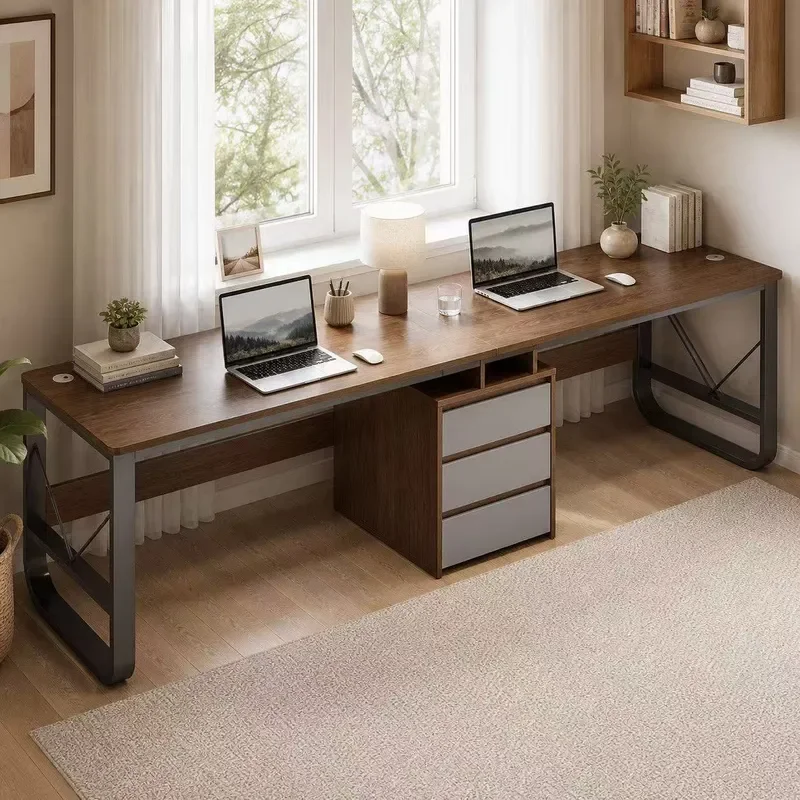 for Double Computer Desk Long Study Work Desk with Storage for Bedroom Home Office