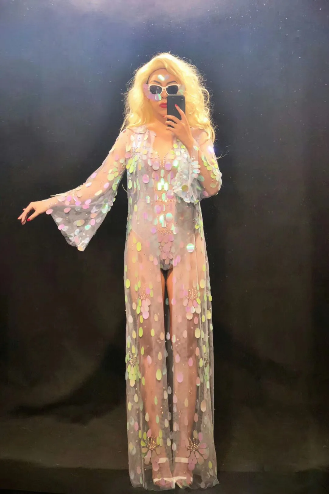 Trajes de boate brilhando strass bodysuits transparente feminino colorido lantejoulas casaco longo festa de formatura aniversário celebrar roupa