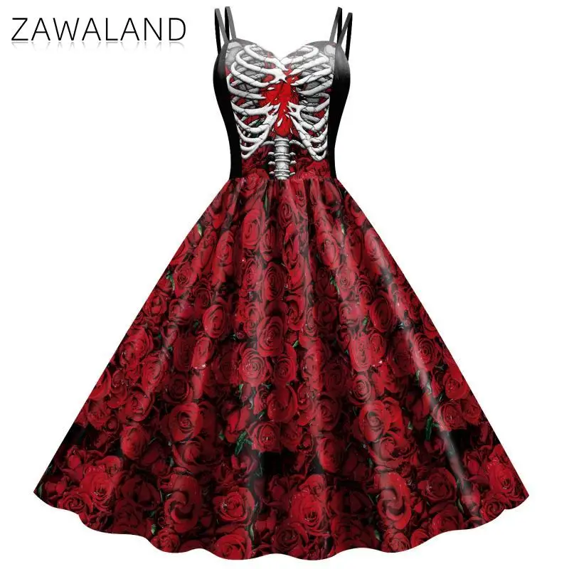 Zawaland Halloween Fancy Skeleton Rose Print Women Dress Girl Carnival Party Dresses Female Goth Horror Costume Rockabilly Dress