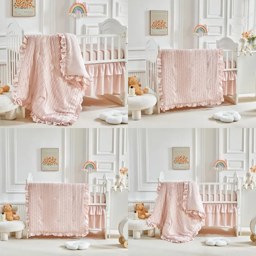 

3 Pieces Tufted Stripes Crib Bedding Set with Ruffle Fringe, Ruffled Comforter with Fitted Sheet and Bed Skirt, Soft and Embroi