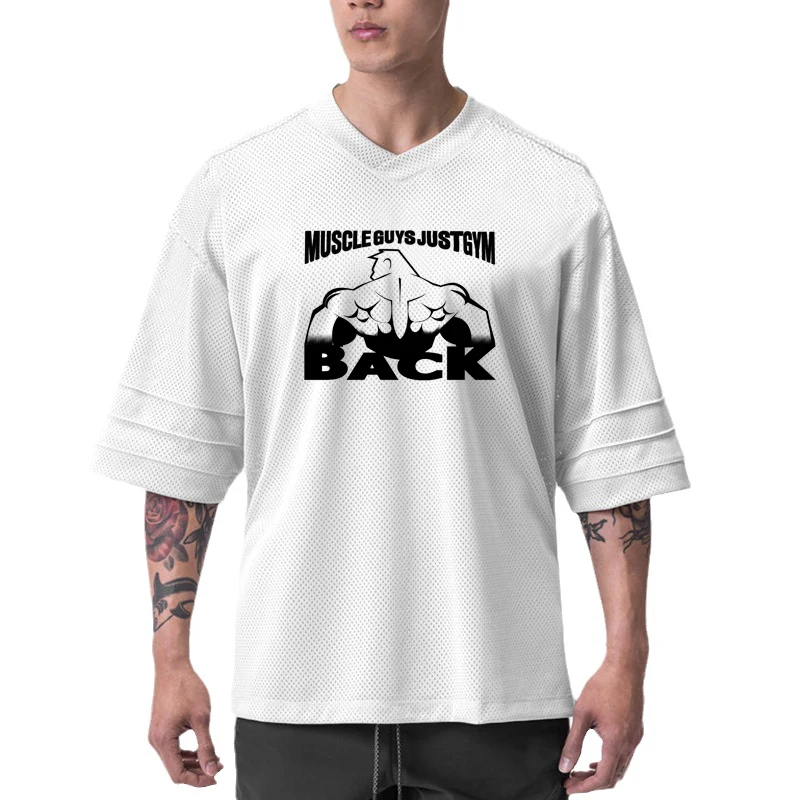 Oversized Loose Trainning Sport T-shirt Men Dropped Shoulder V Neck Half Sleeve Fitness Shirt Summer Mesh Quick Dry Gym Clothing