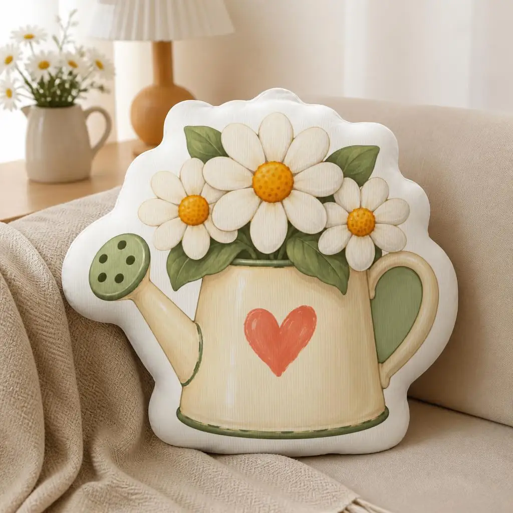 Daisy Watering Can Shaped Throw Pillow Floral Garden Cushion Stuffed Pillow for Gardener Housewarming Gift Home Decor Sofa