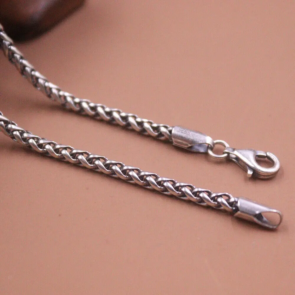 Real 925 Sterling Silver 3mm Round Wheat Link Chain Necklace 25.6