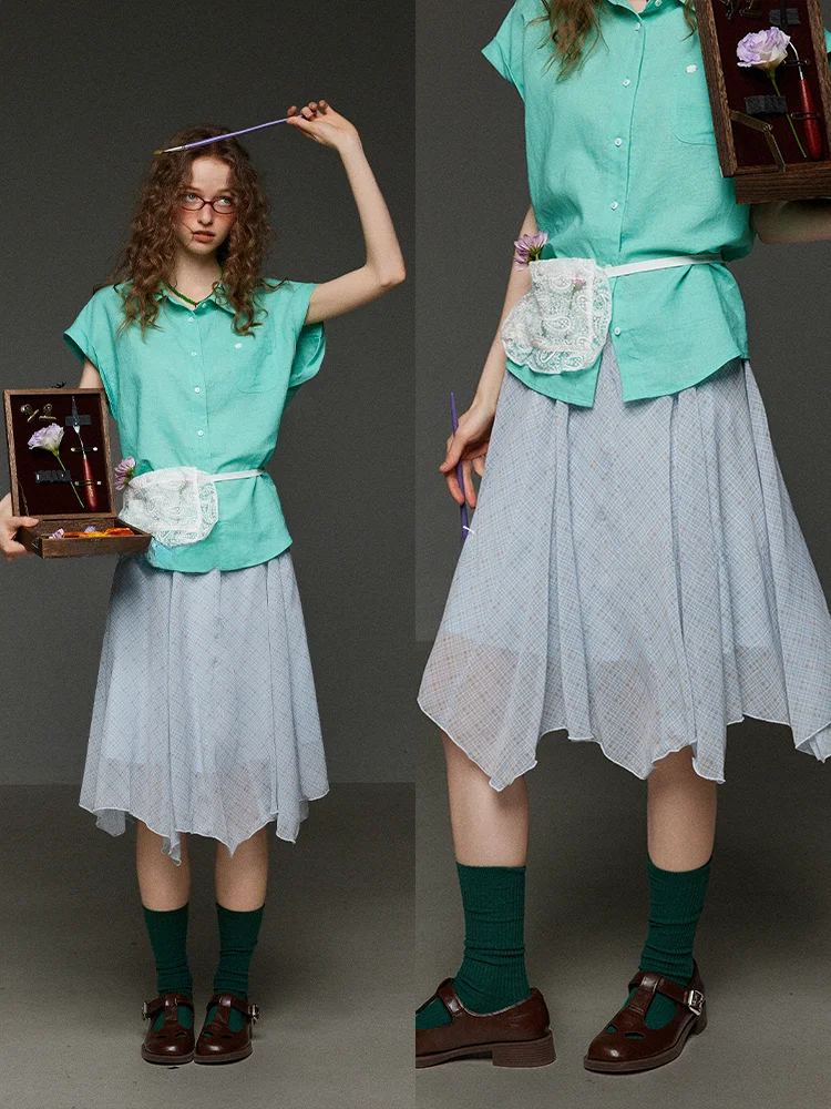 

TNIT Retro Asymmetrical Plaid High Waist Midi Skirt Women's Summer Slimming Design Gored Skirt Ci Commute Casual Skirt