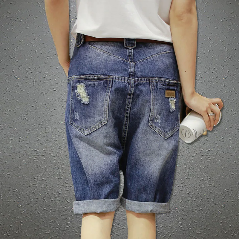 Denim-Shorts für Damen, Sommer, dünn geschnitten, zerrissen, großer Schritt, Haremloose, hängender Schritt, Trend, fünfteilig