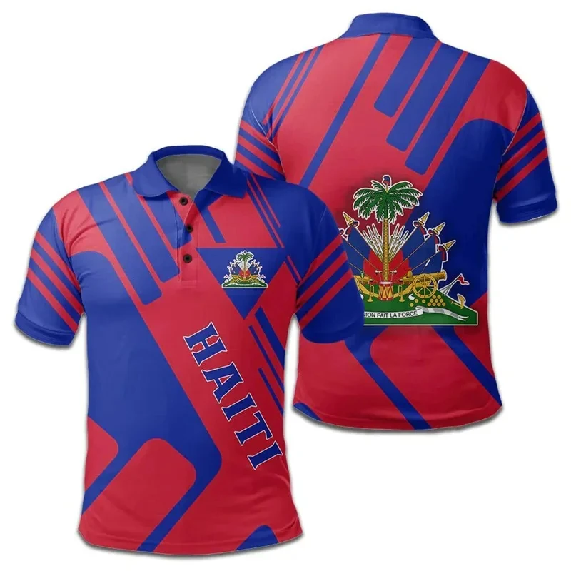 Kemeja Polo pola lambang bendera nasional Haiti cetak 3D untuk pria lengan pendek kaus t-shirt grafis Haiti baju atasan