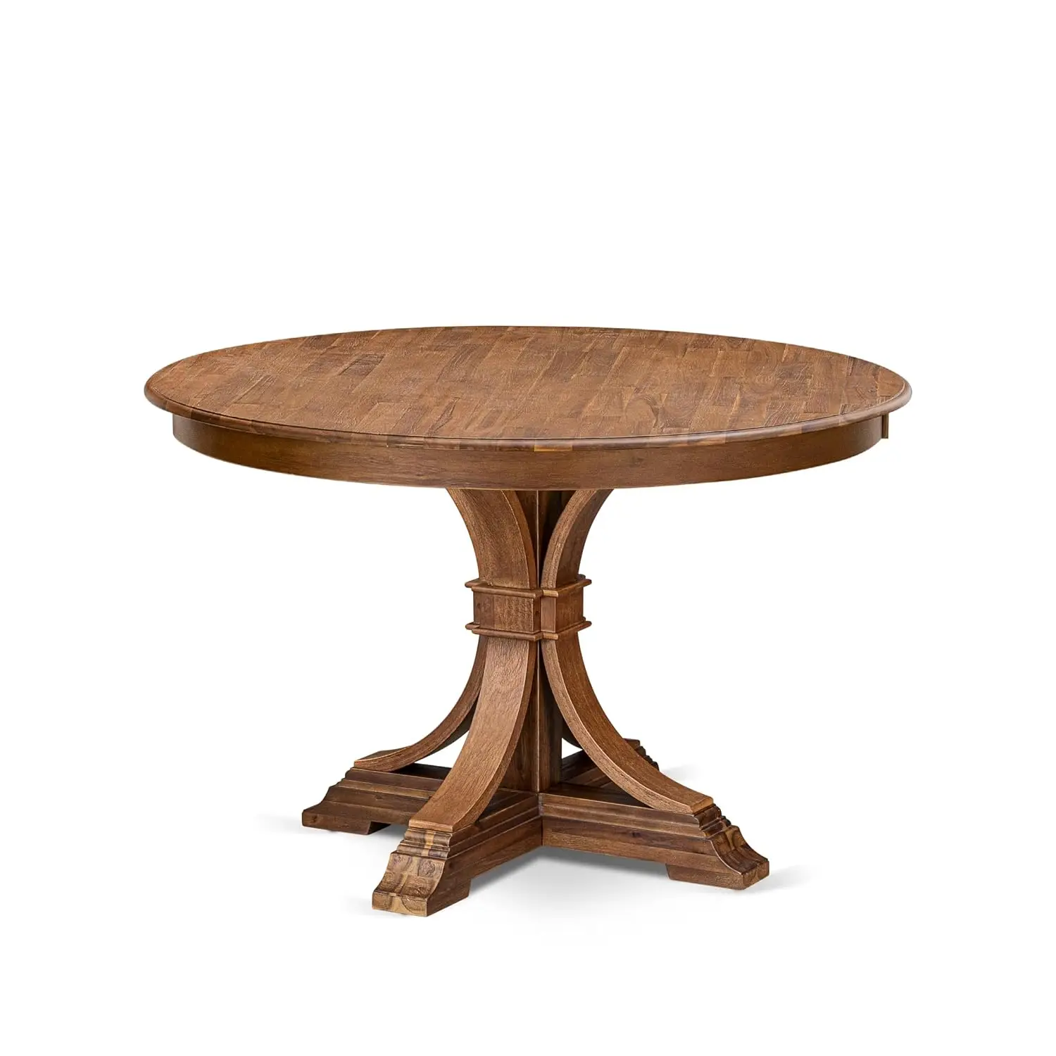 Acacia Wood Round Dining Table Elegant Pedestal Base Antique Walnut Finish, Customized