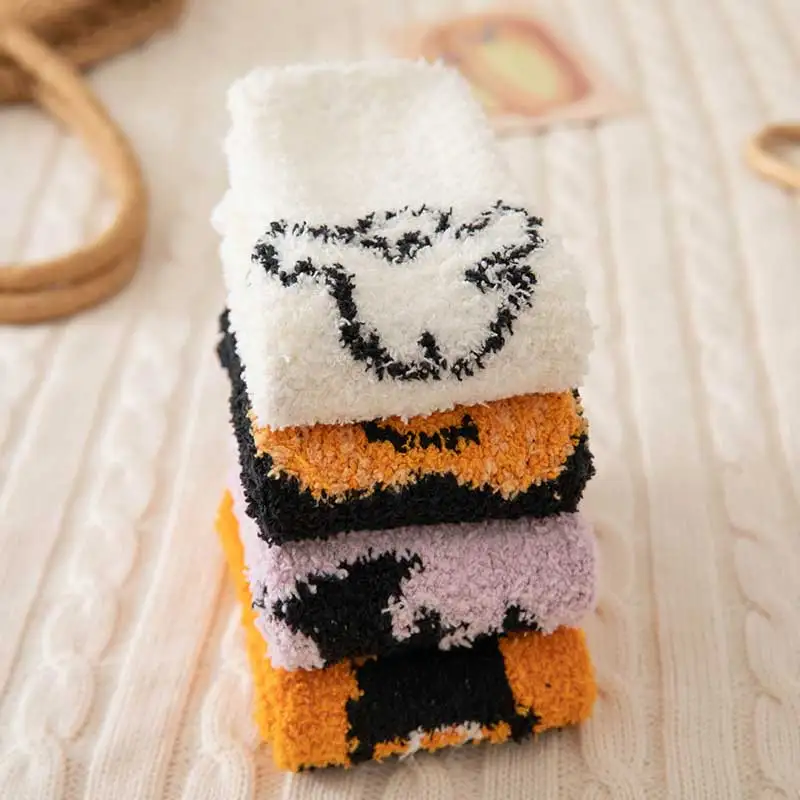 Halloween Floor Socks Non-Slip Thick Mid-Tube Warm Sleeping Socks Half-Side coral Velvet Socks Glue Floor Socks
