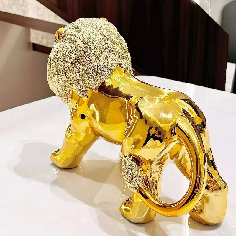 Golden Lion Statue Ceramics Figurine Luxury Electroplated Gold Lion Ornament Desktop Home Office Tabletop Decor Art Craft Gift