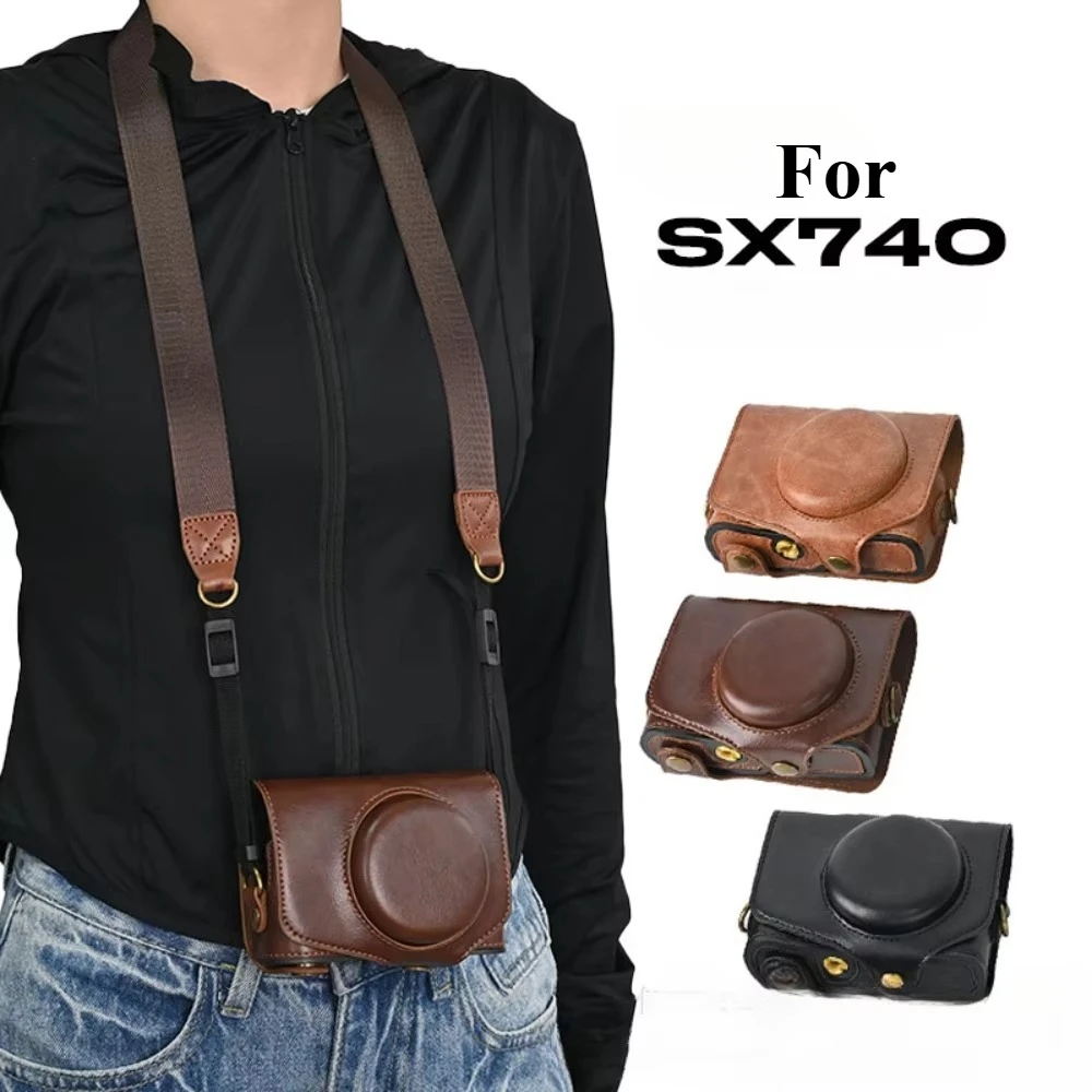 Camera Leather Bag for Canon SX740 SX740hs SX720 SX730 Retro PU Cover Shockproof Storage Carrying Case Bag Skin Shoulder Strap