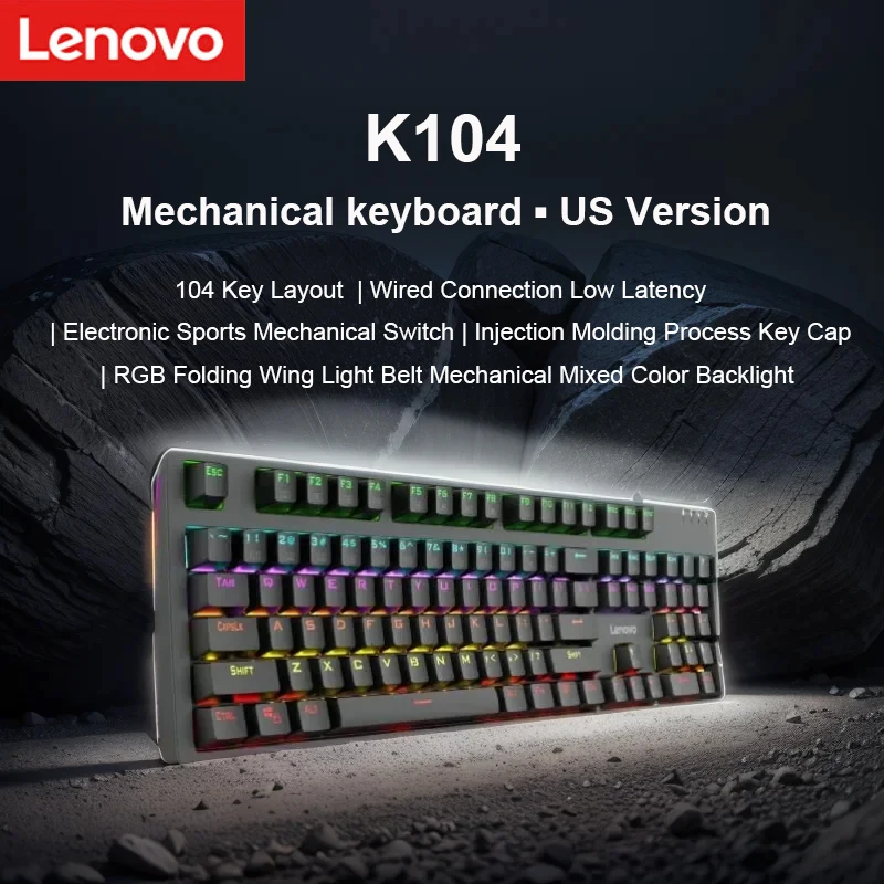 Lenovo K104  Mechanical Keyboard 104 Keys RGB Backlight Effect Office Games Blue Axis/Red Axis Optional  UK Black