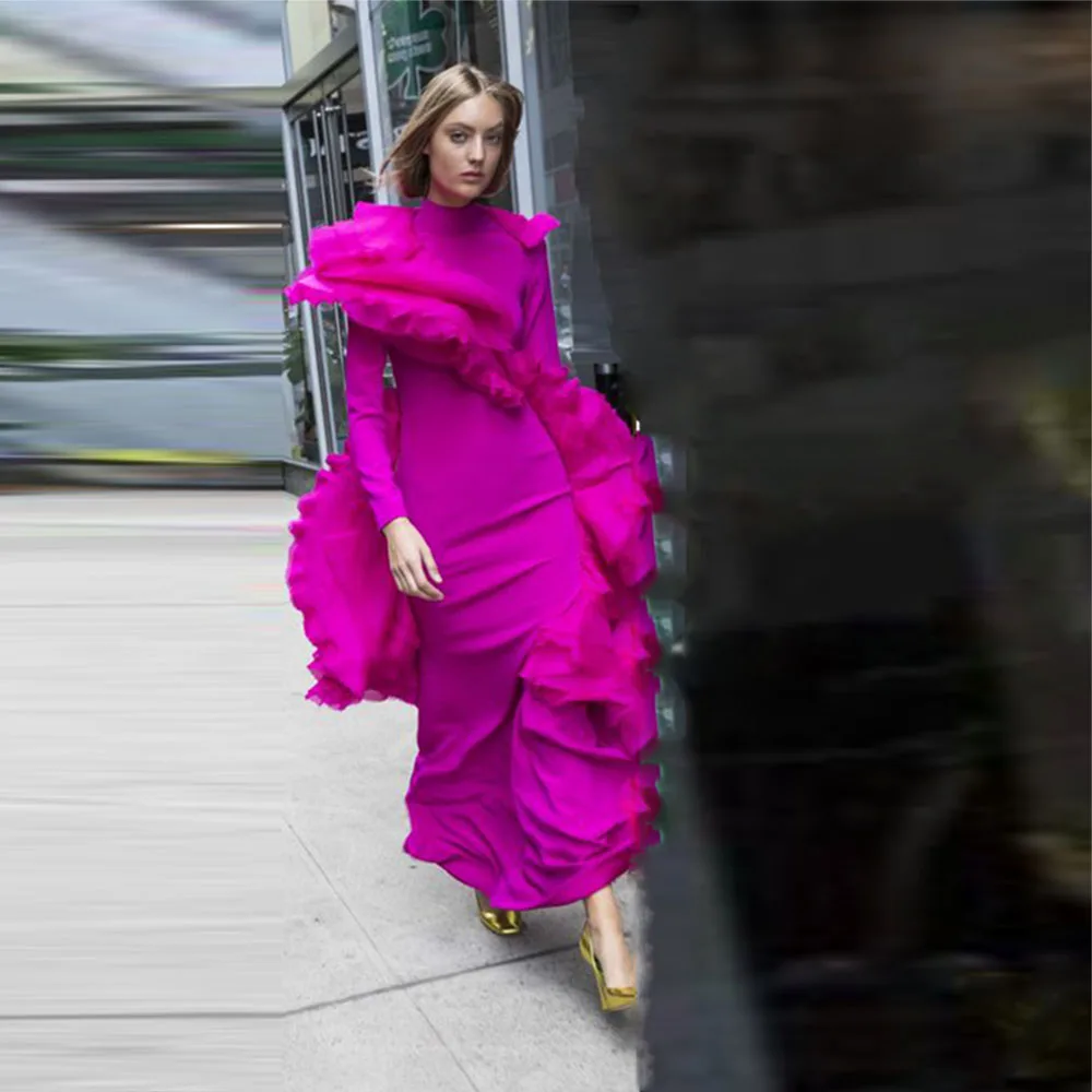 Elegant Fuchsia Long Sleeves Evening Gowns Saudi Arabia Ruched Mermaid Prom Dresses Dubai Women Formal Party Dress Robe De Soire