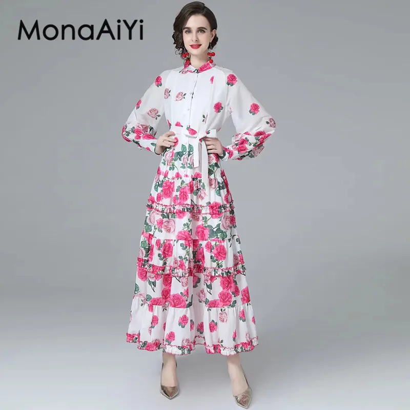 

MonaAiYi Fashion Design Autumn Women's Dress Stand Collar Sheep horn sleeve Single-Breasted Lace-Up Print Party Long Dresses