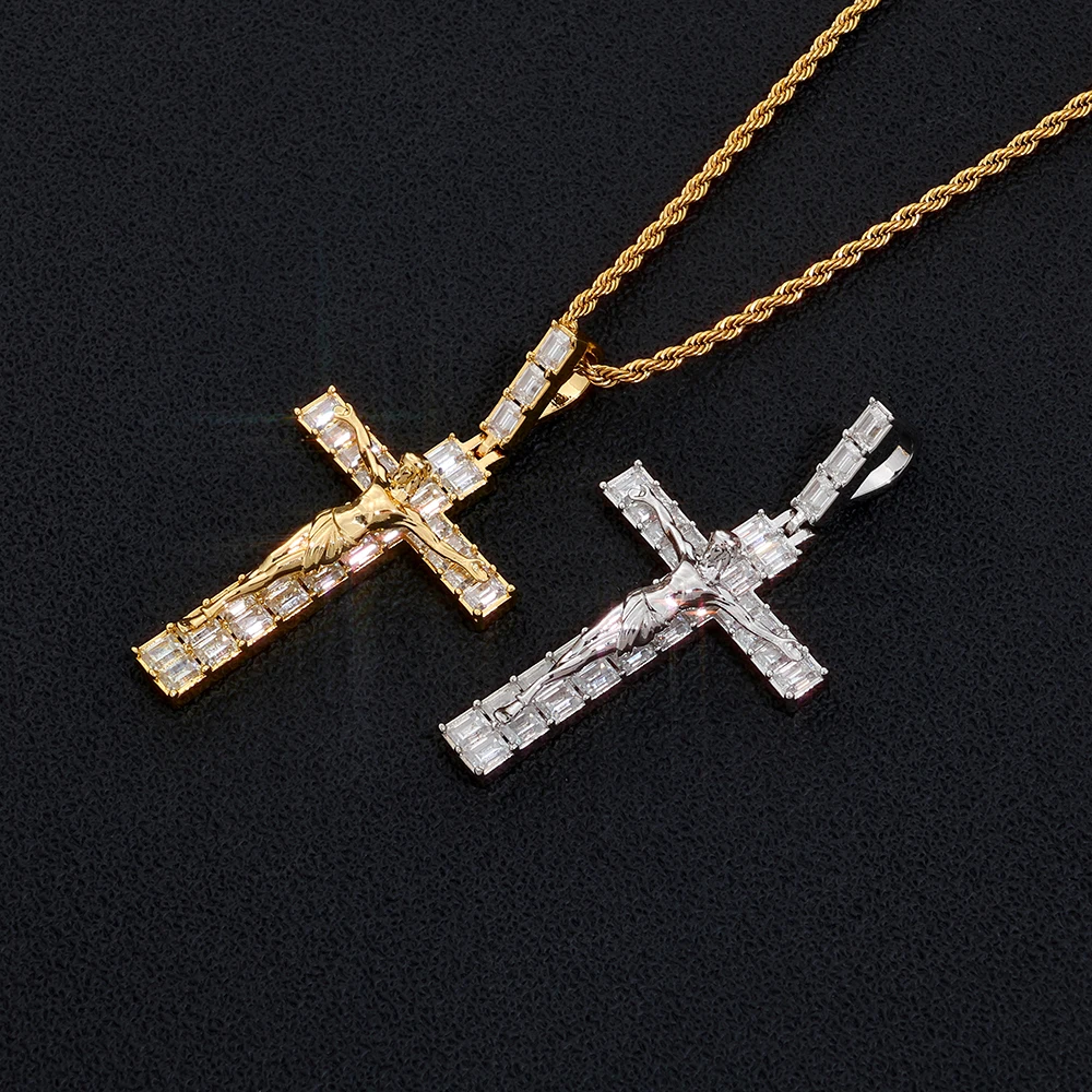 HHIOK Iced Out Jesus Crucifix Pendant Brass Cubic Zircon Stone Gold Silver Plated Rope Chain Men Christian Hip Hop Necklace
