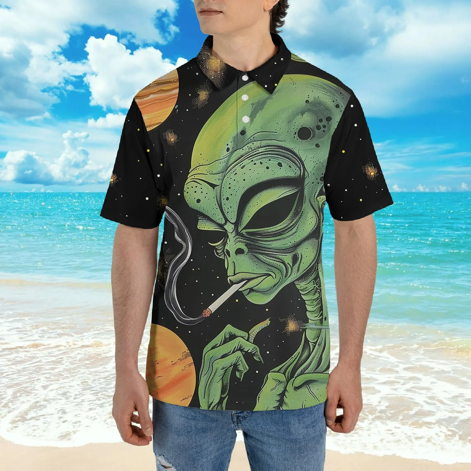 2025 Personalized Printed Alien Pattern Polo Shirt For Men's Clothes Lapel Button POLO Shirts Funny UFO Harajuku Trend Golf Tops