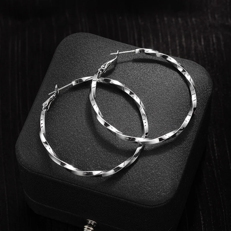 أقراط دائرية ملتوية جديدة للسيدات صيفية ذات طابع دائري كبير مبالغ فيه بإبزيم أذن S925 أقراط إبرة فضية #3