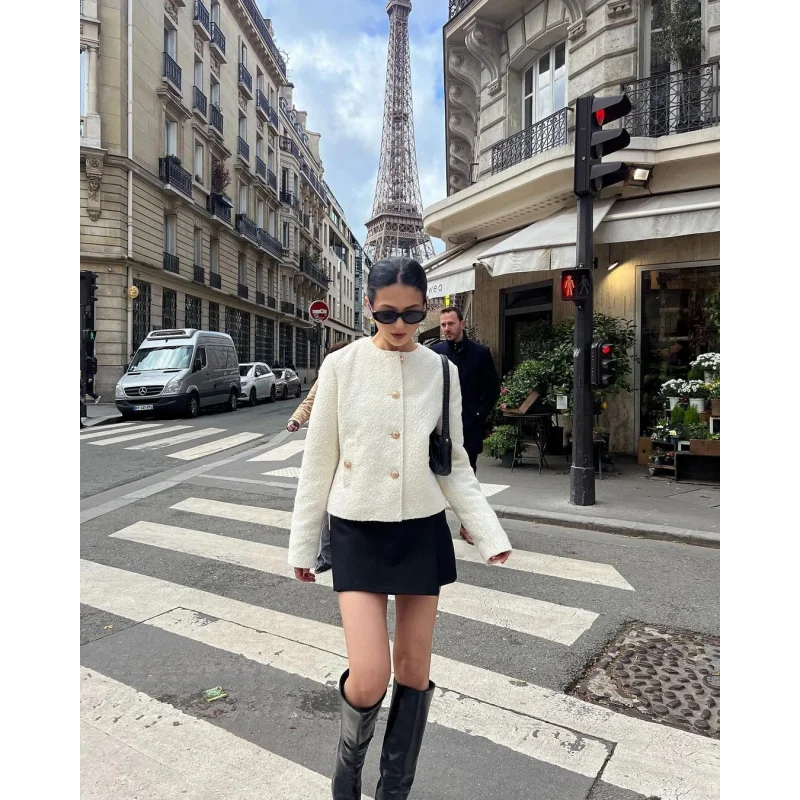 2026 Autumn New Women Cropped Jacket Round Neck Gold Button Textured Short Coat Elegant French Chic Daily Commuter Casual
