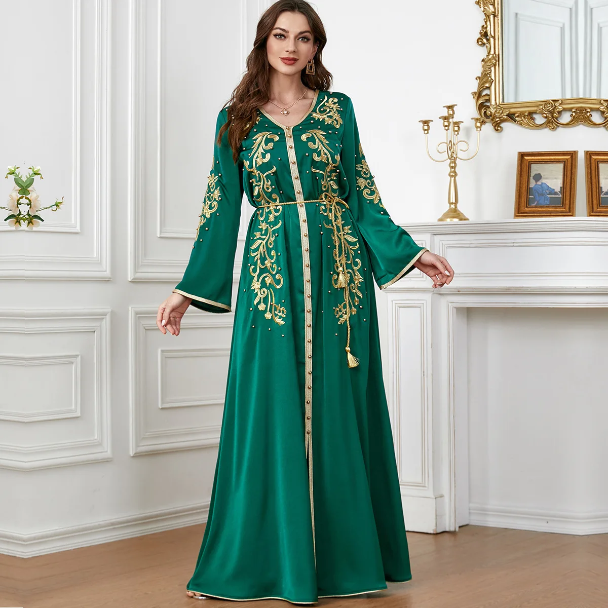 Abaya, abbigliamento donna turco, abito lungo musulmano in arabo, abito lungo Dubai Juba, abito con scollo a v e ricamato M-XXL