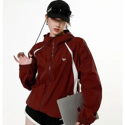 Deeptown Summer Red Jacket Women Vintage Oversized Hiphop Windbreakers Hooded Sunscreen Thin Jackets Japanese 2000s Style Y2k