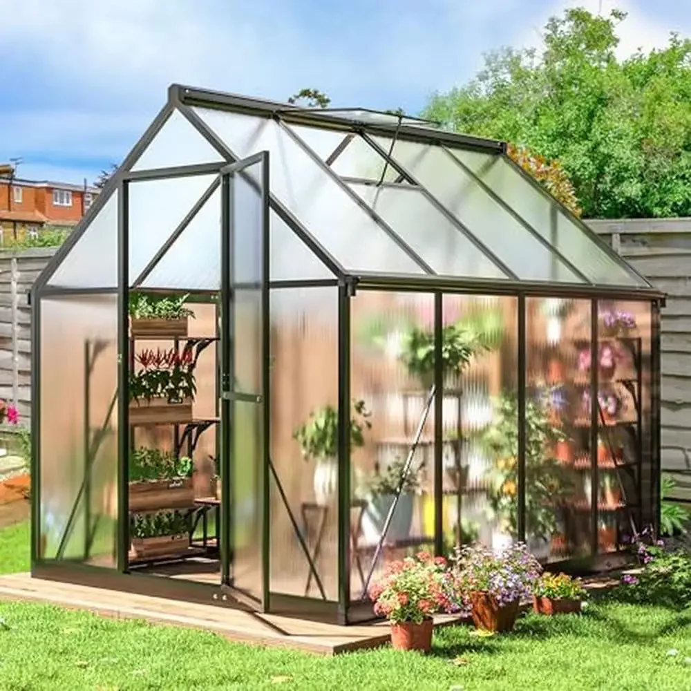 

8x6 FT Aluminum Polycarbonate Greenhouse Walk-in Outdoor Garden Kit with Ventilated Windows UV Protection Weather Resistant Easy