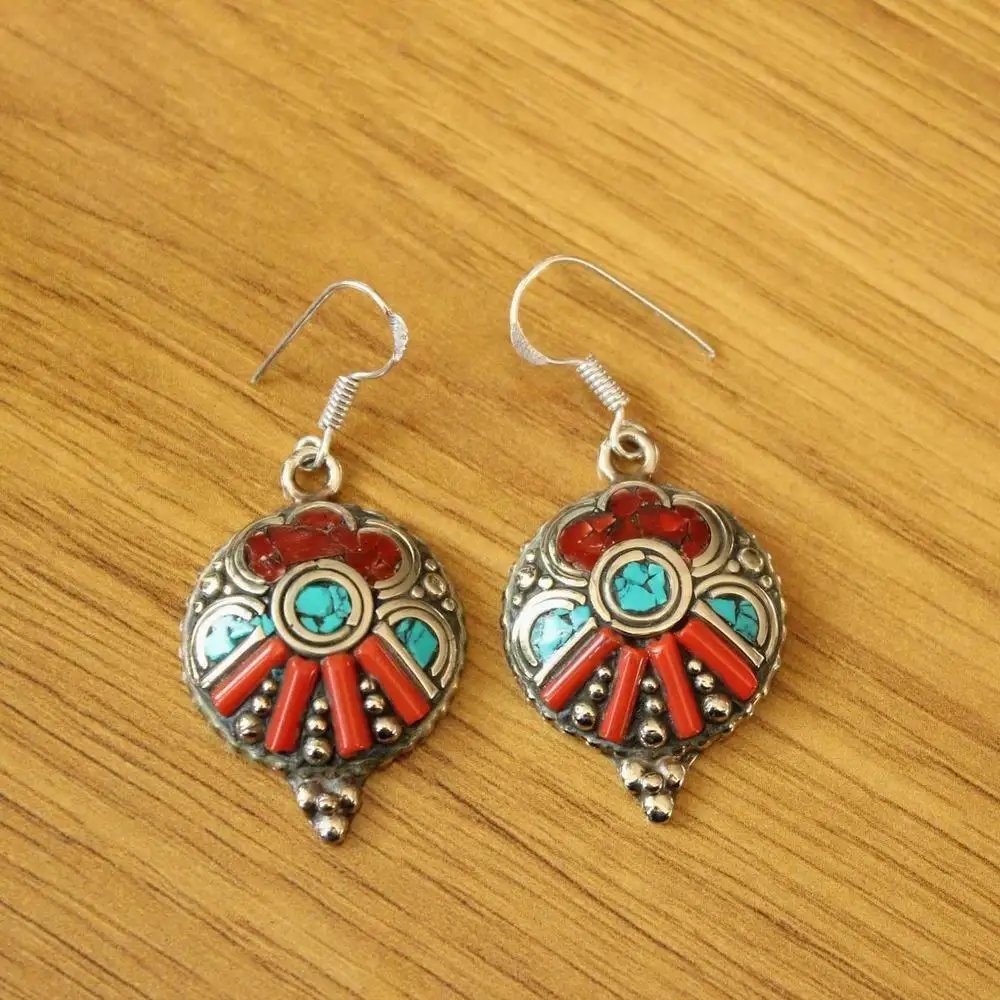 ER196 Nepal Indian Jewelry Copper Inlaid Colorful Beads 24mm Round Women Earring