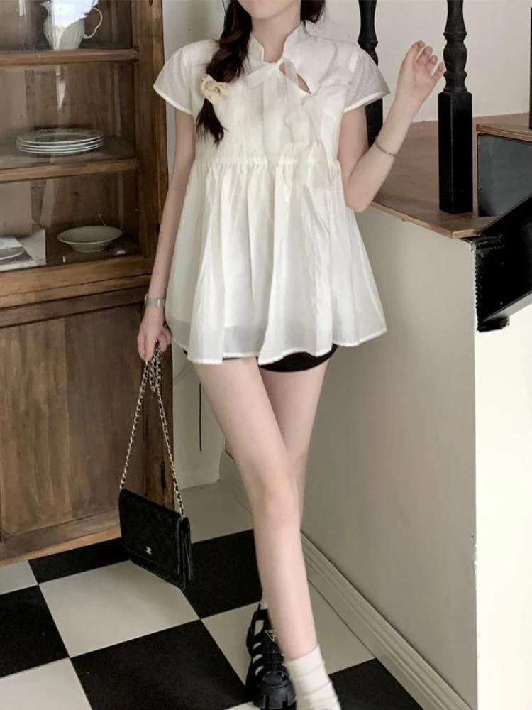 Chinese Style Blouses Women Elegant Summer Sweet Stand Simple Clothing Tender Casual Daily All-match Minority Fashion Girl 2023