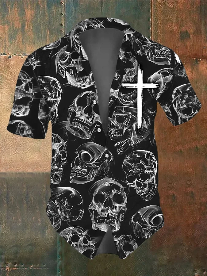 

Summer Street Men's Retro Skull Shirts Casual Short Sleeve Shirt For Men Clothing 2024 Daily Loose Oversized Lapel Blouse Tops