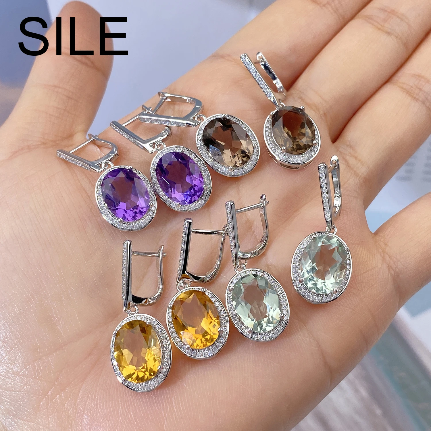 

SILE Luxury Gemstone Jewelry Women 100% 925 Sterling Silver Natural Stones Inlay Drop Earrings Birthday Anniversary Fine Jewels