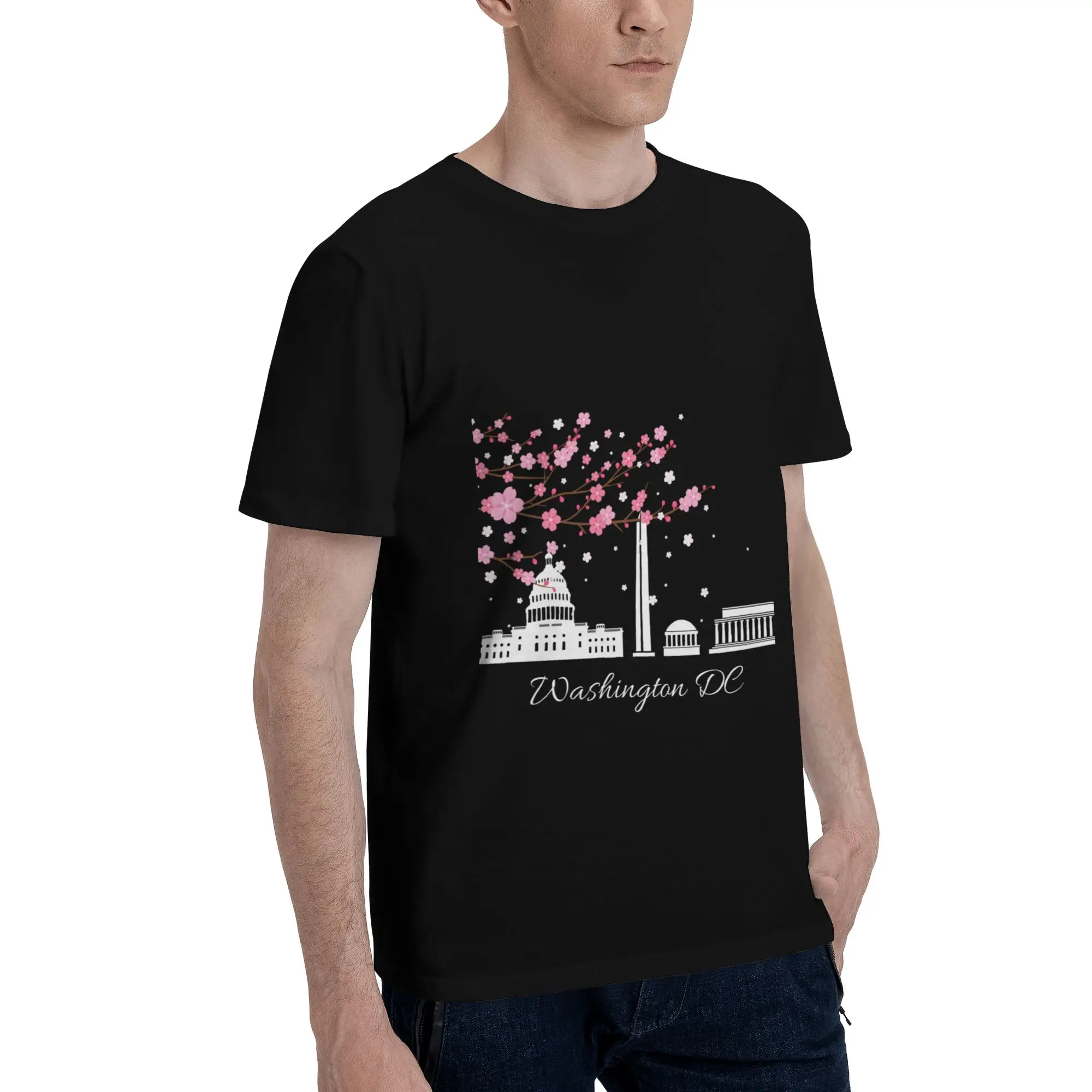 Washington DC Monuments Memorials Cherry Blossoms Men's T-Shirt Clothes  Casual Tee Shirt Short Sleeve fugees Pure Cotton