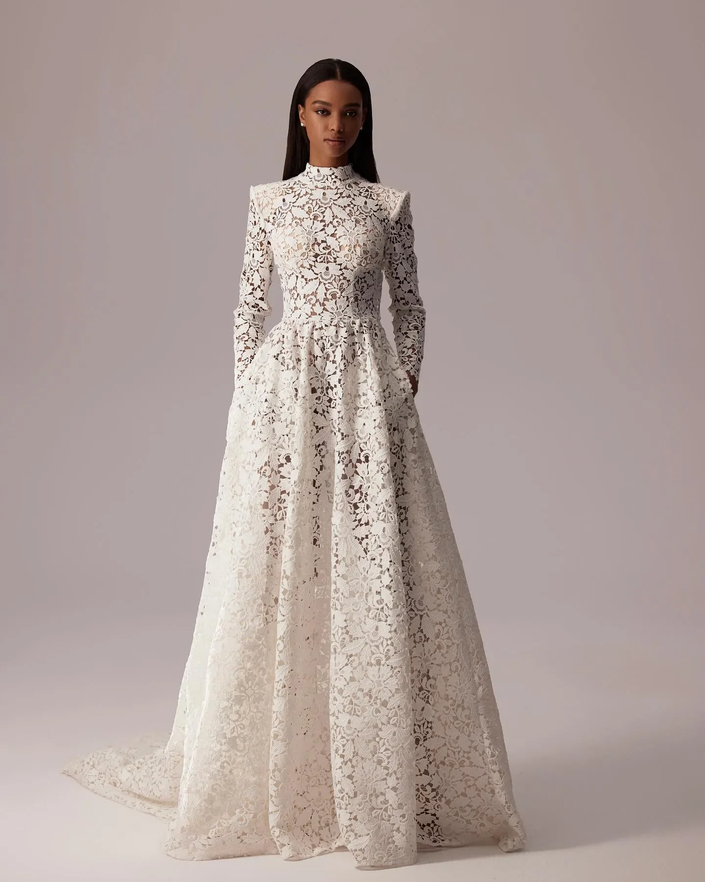 Customized Bohemia A Line Wedding Dresses for bride High Neck Lace Wedding Dress Hollow Back Long Sleeves designer bridal gowns