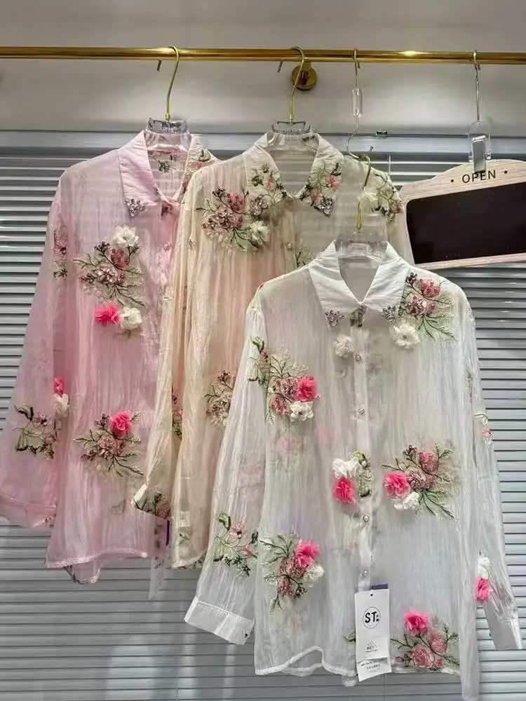 

High-end Embroidered Flares Sunscreen Shirts Blouses For Women 2025 Trendy Long Sleeve Single Breasted Tops Blusas Woman Clothes