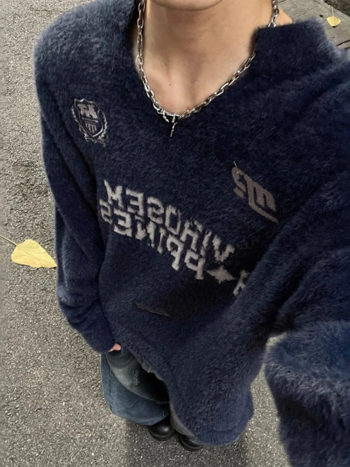 

Soft Faux Fur Printed V-Ne Sweater Retro American Bae Couples Knittedwear Autumn Winter College Sle Loose Fit Long Sve